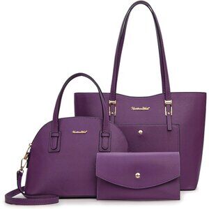 Women’s Purple 3PCS Purses Set - Tote Bag, Wallet & Shoulder Satchel Handbags